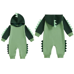 Baby Boys Dinosaur Hoodie Romper – Contrast Color Long-Sleeve Jumpsuit