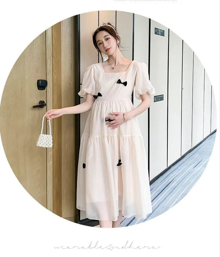 Flare sleeve square collar maternity dress