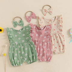 Baby Girl Floral Fly-Sleeve Romper Set | Summer Bowknot Outfit