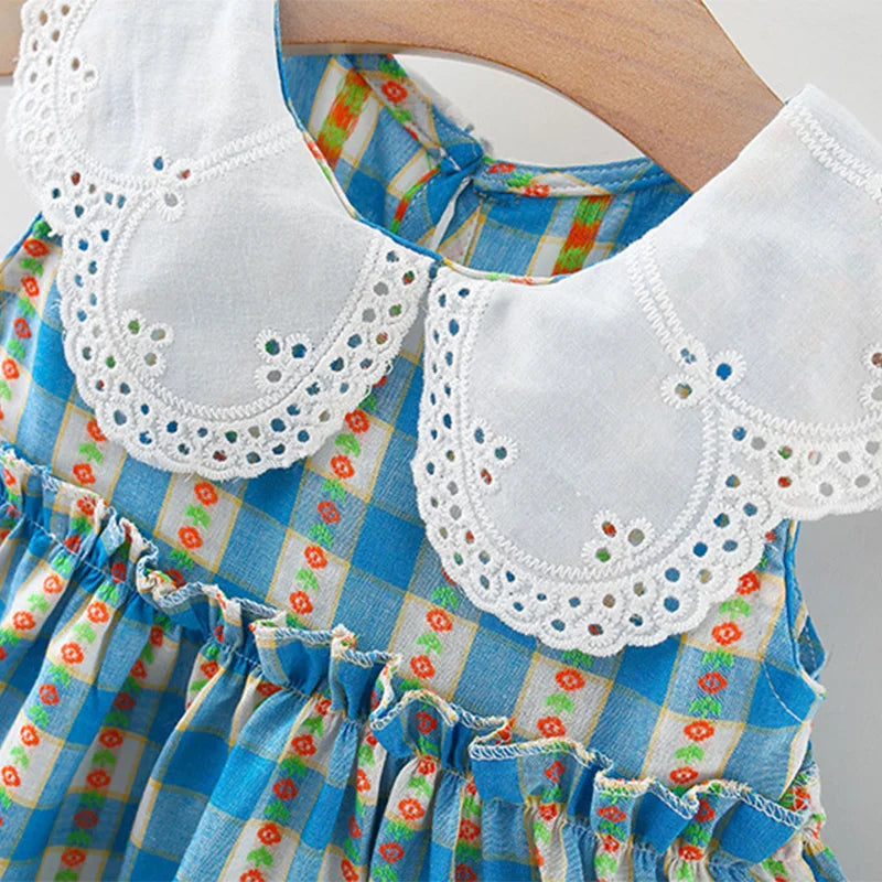 Baby Girl Dress Summer Cotton Plaid Floral Print Girl Dress Cute Sleeveless Children'S Princess Dress