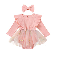 Baby Girl Floral Mesh Patchwork Ruffle Romper & Dress Set with Headband