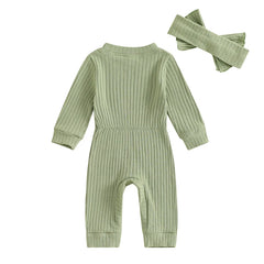 Baby Girls' Ribbed Jumpsuit and Headband Set, Fall