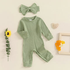 Baby Girls' Ribbed Jumpsuit and Headband Set, Fall