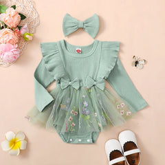 Baby Girl Floral Mesh Patchwork Ruffle Romper & Dress Set with Headband