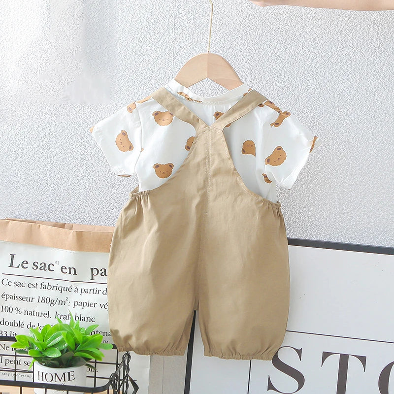 Cartoon Bear tees Overalls Set