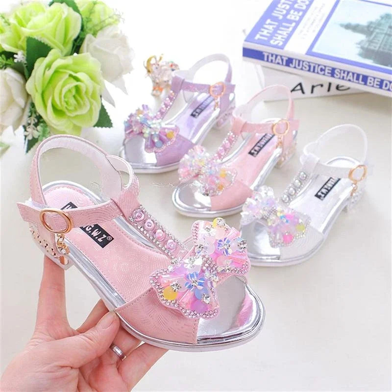 Kids dress sandals with bow design flat heel shoes