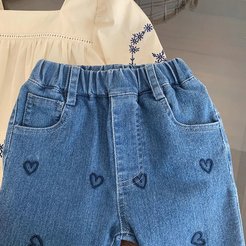 Embroidered Blouse and Heart Jeans