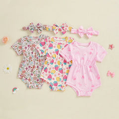 Baby Girls' Ribbed Strawberry Bodysuit with Bow Headband