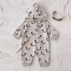 Baby Dachshund Print Hooded Jumpsuit, Fall Romper