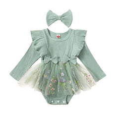 Baby Girl Floral Mesh Patchwork Ruffle Romper & Dress Set with Headband