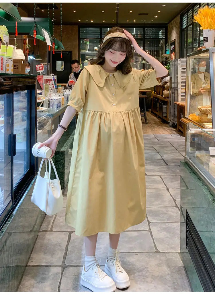 Collar Ruffled Patchwork Maternity Dress