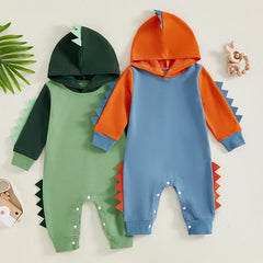 Baby Boys Dinosaur Hoodie Romper – Contrast Color Long-Sleeve Jumpsuit