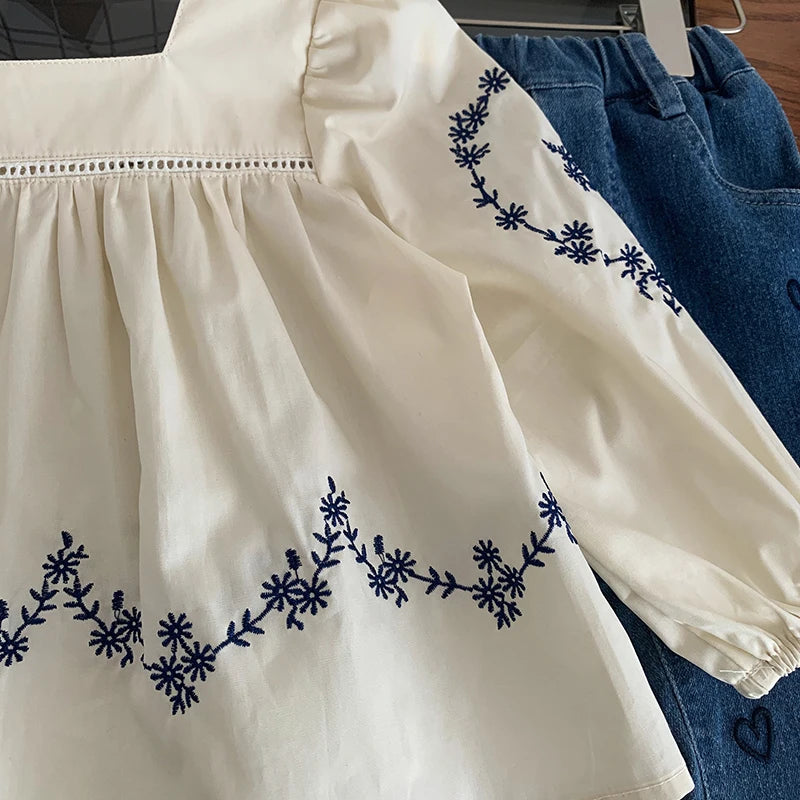 Embroidered Blouse and Heart Jeans