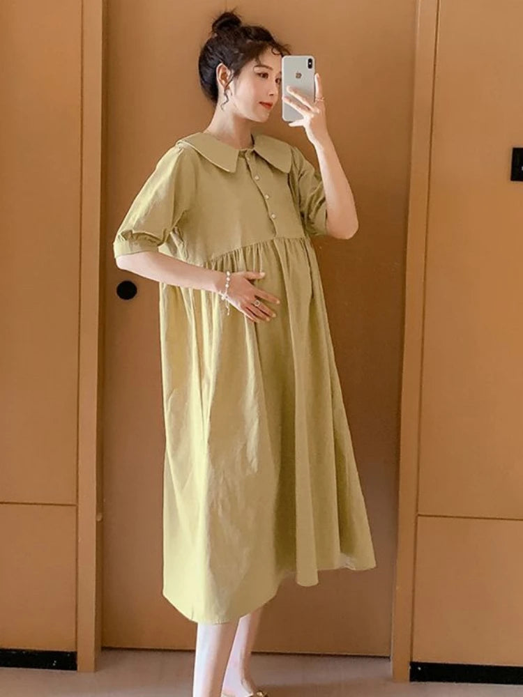 Collar Ruffled Patchwork Maternity Dress