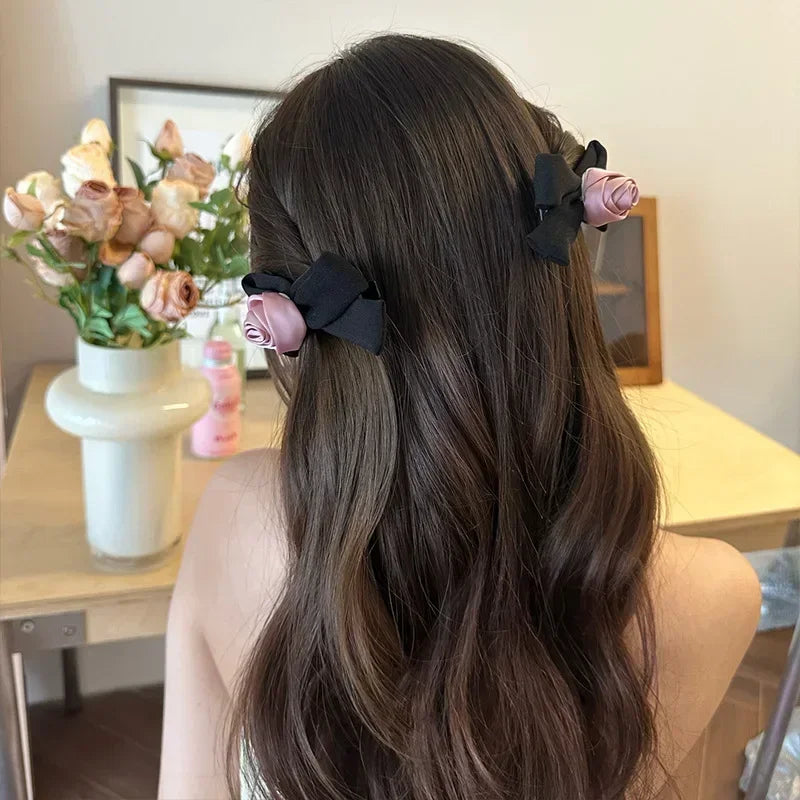 Pink Rose Bow Hair Clips For Girls