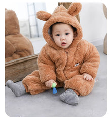 Plush Bear Hooded Baby Romper, Warm Fall Jumpsuit