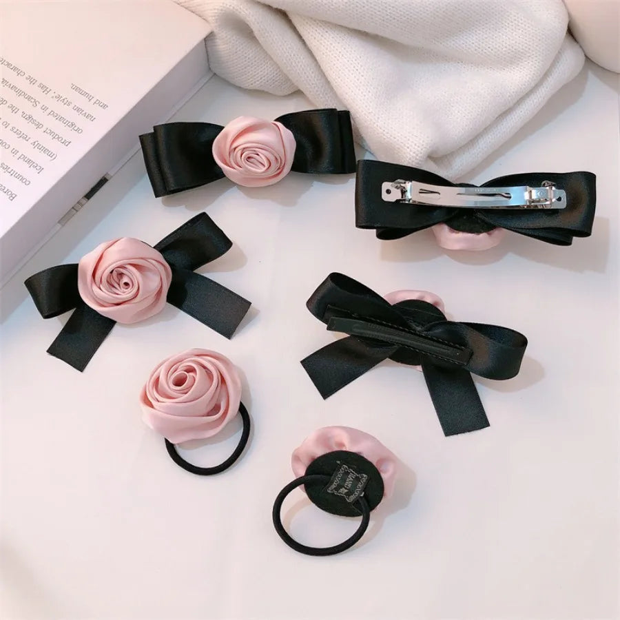 Pink Rose Bow Hair Clips For Girls