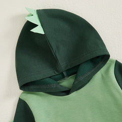 Baby Boys Dinosaur Hoodie Romper – Contrast Color Long-Sleeve Jumpsuit