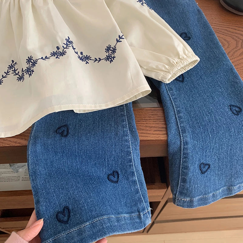 Embroidered Blouse and Heart Jeans