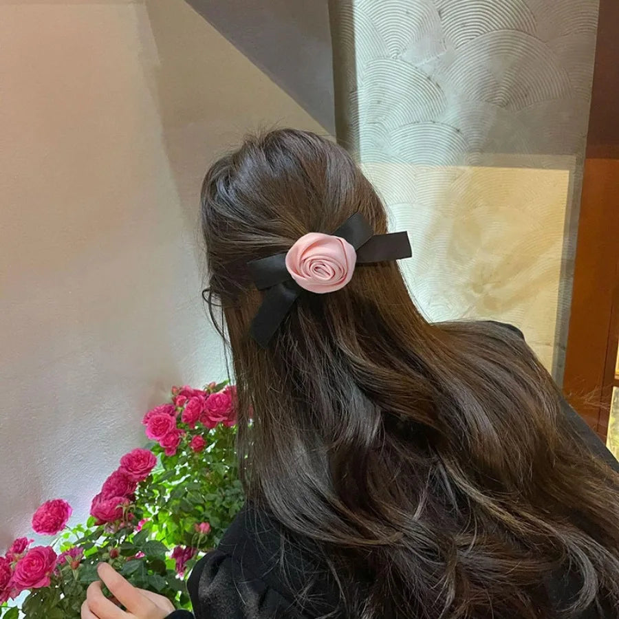 Pink Rose Bow Hair Clips For Girls