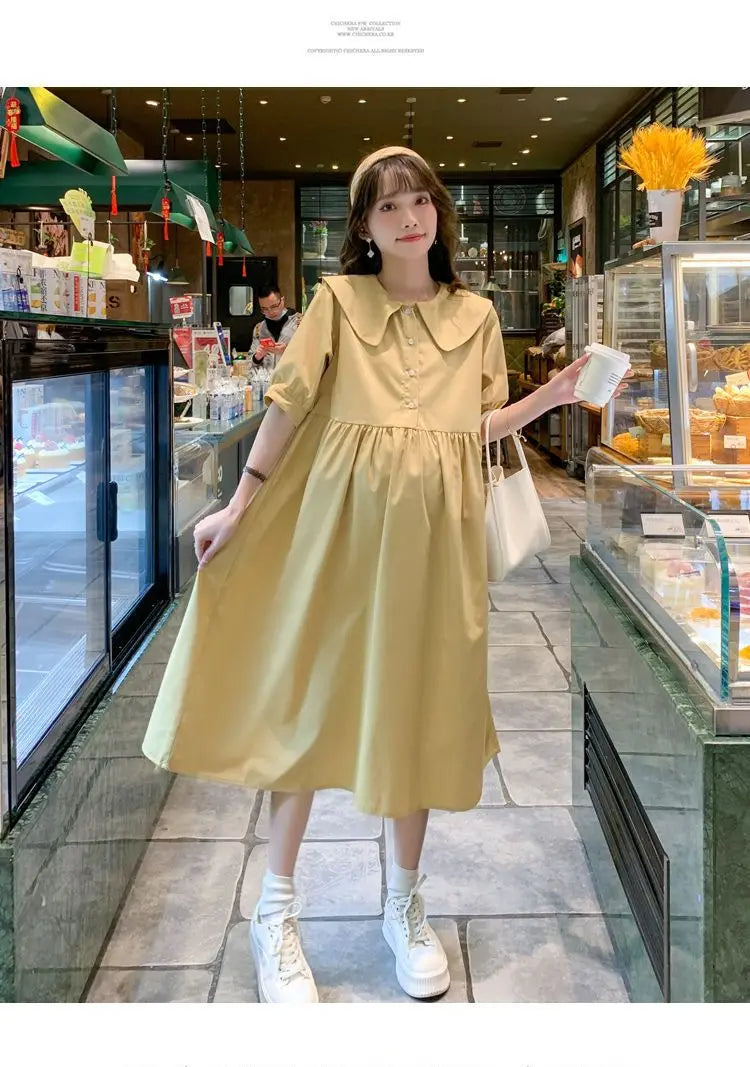 Collar Ruffled Patchwork Maternity Dress