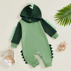 Baby Boys Dinosaur Hoodie Romper – Contrast Color Long-Sleeve Jumpsuit