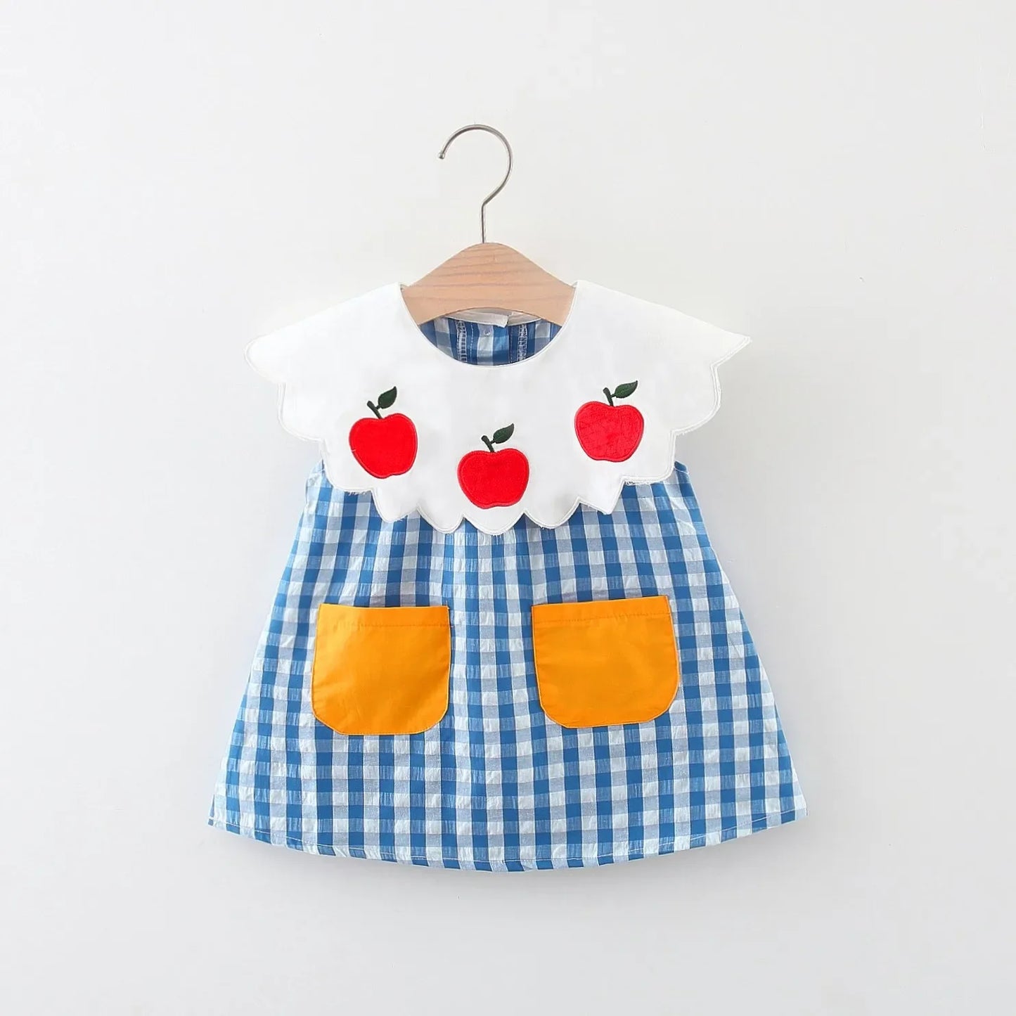 Girls' Dress Summer Children's Wear Apple Embroidered Lace Doll Collar Plaid Contrast Sleeveless Children's Dress