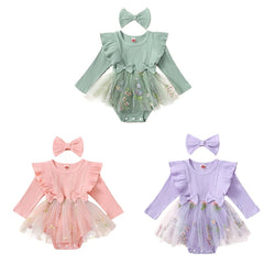 Baby Girl Floral Mesh Patchwork Ruffle Romper & Dress Set with Headband