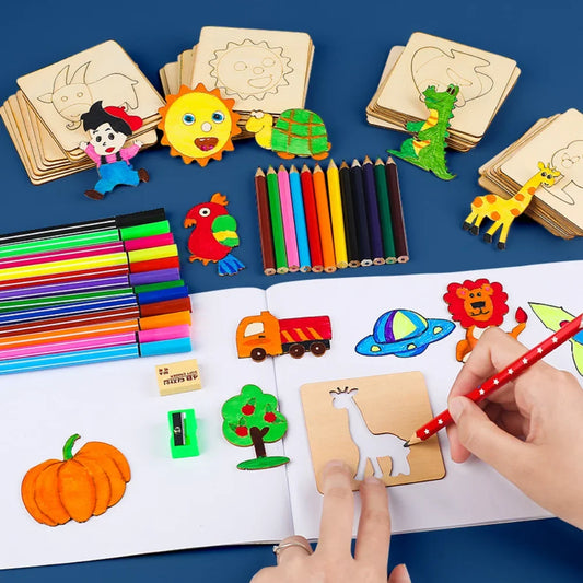 Wooden kids' drawing stencils offered as 10-piece and 20-piece set options