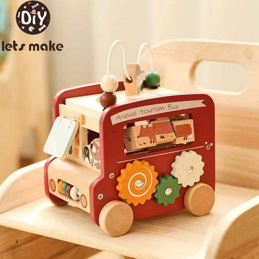 Wooden multi-activity toddler toy with blocks and puzzle pieces