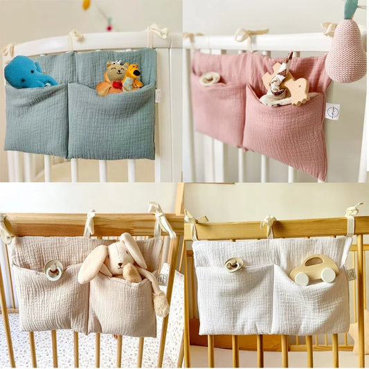Hanging bedside crib organizer with a listed size of 39 by 20 centimeters