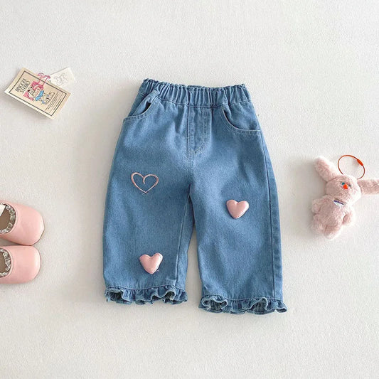 Girls’ blue denim pants outfit ideas with coordinating blouse
