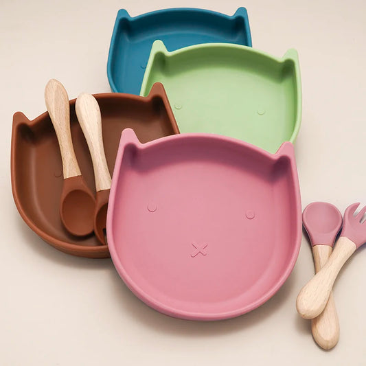 Cartoon-style silicone suction dish for toddler mealtimes