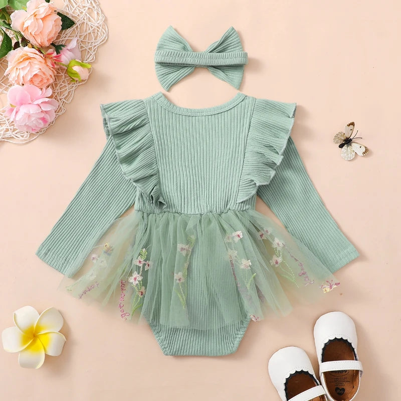 Baby Girl Floral Mesh Patchwork Ruffle Romper & Dress Set with Headband