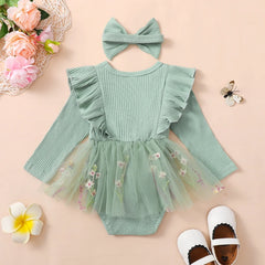 Baby Girl Floral Mesh Patchwork Ruffle Romper & Dress Set with Headband