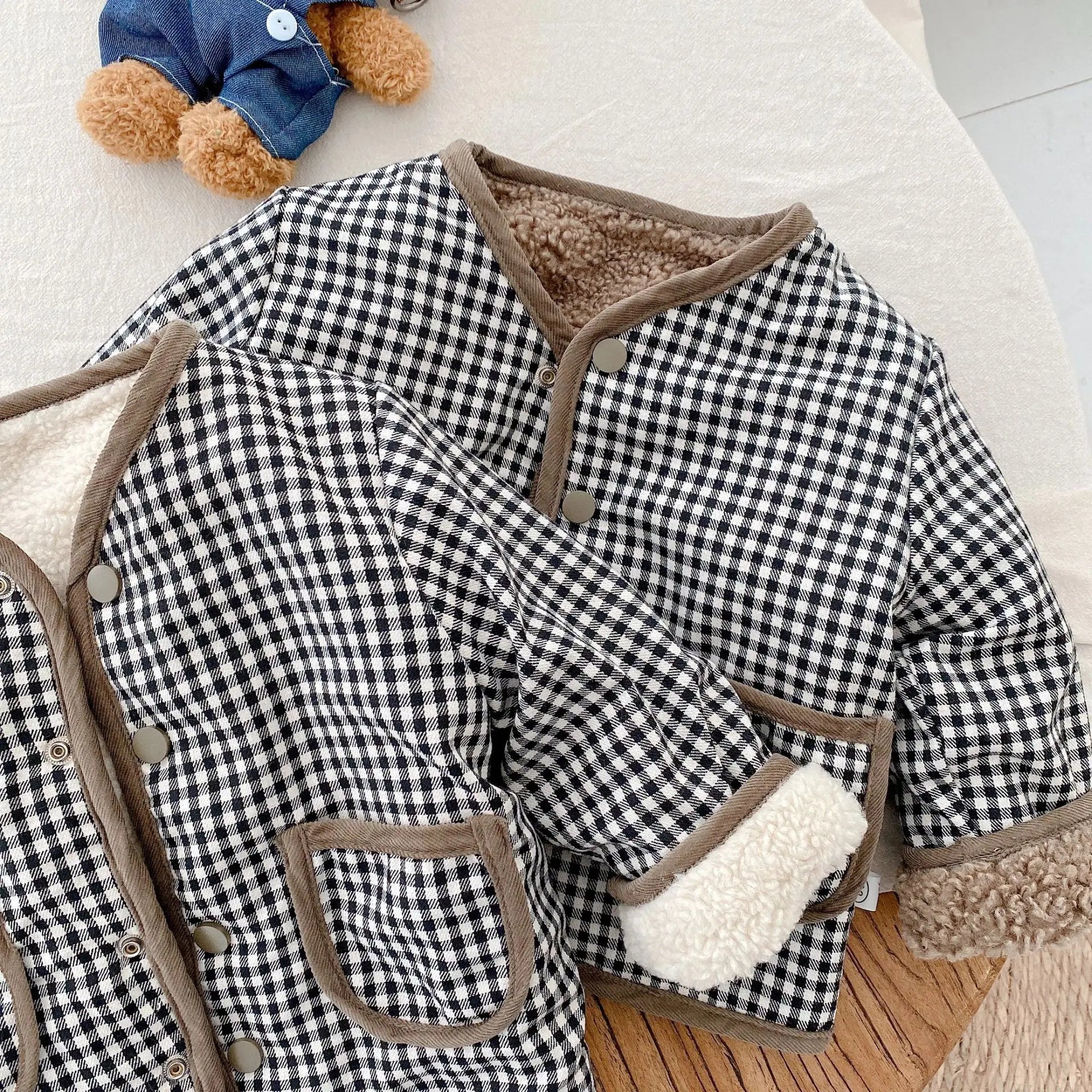 Stylish Plaid Plush Kids Coat