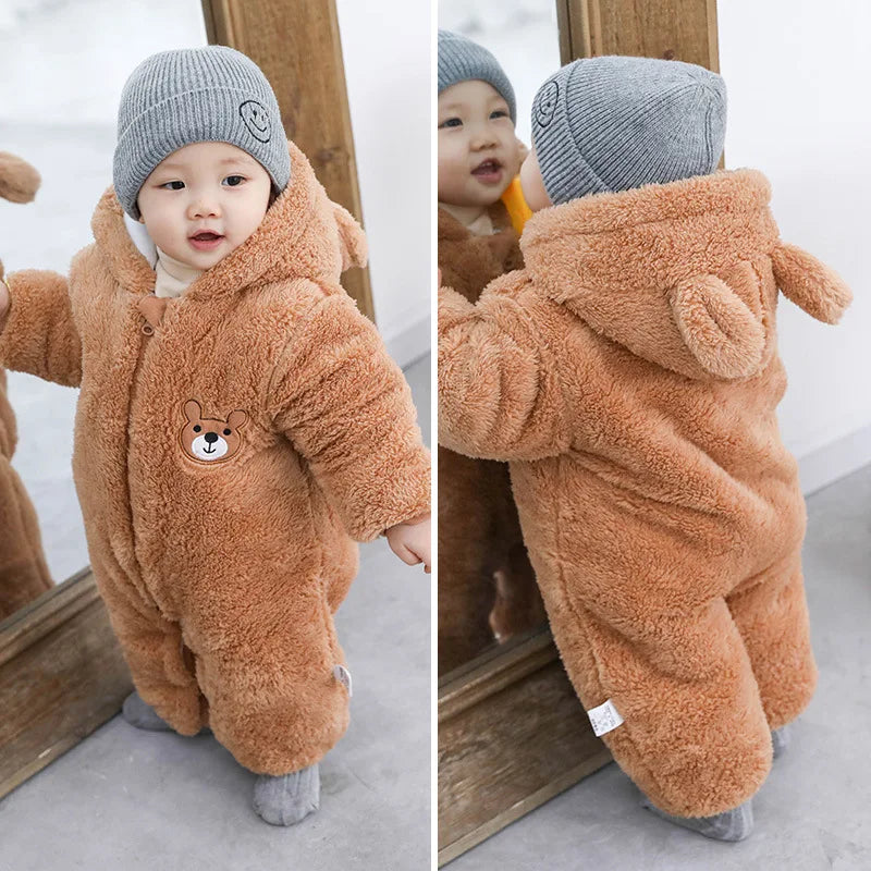Plush Bear Hooded Baby Romper, Warm Fall Jumpsuit
