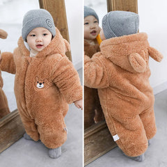 Plush Bear Hooded Baby Romper, Warm Fall Jumpsuit