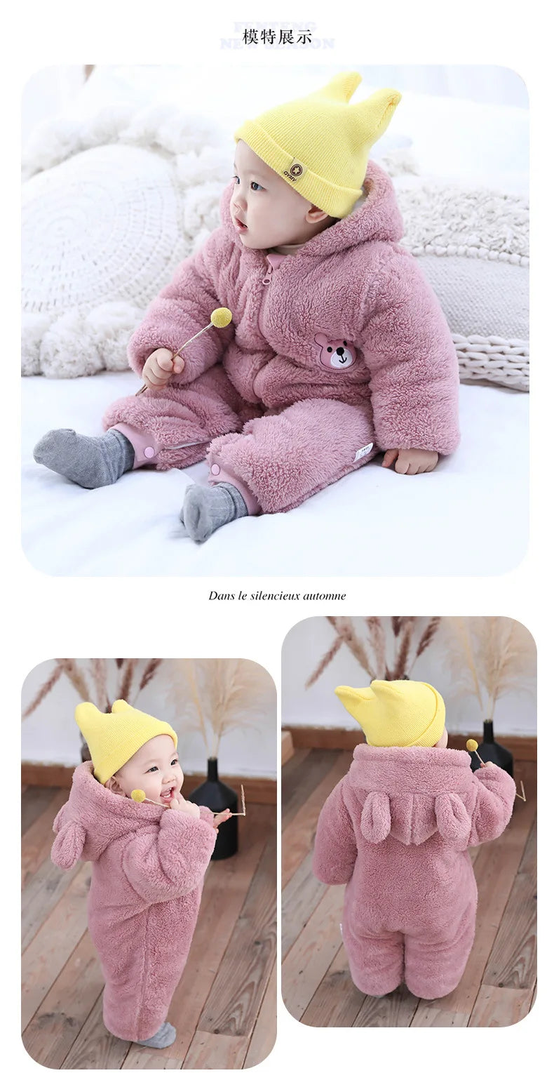 Plush Bear Hooded Baby Romper, Warm Fall Jumpsuit