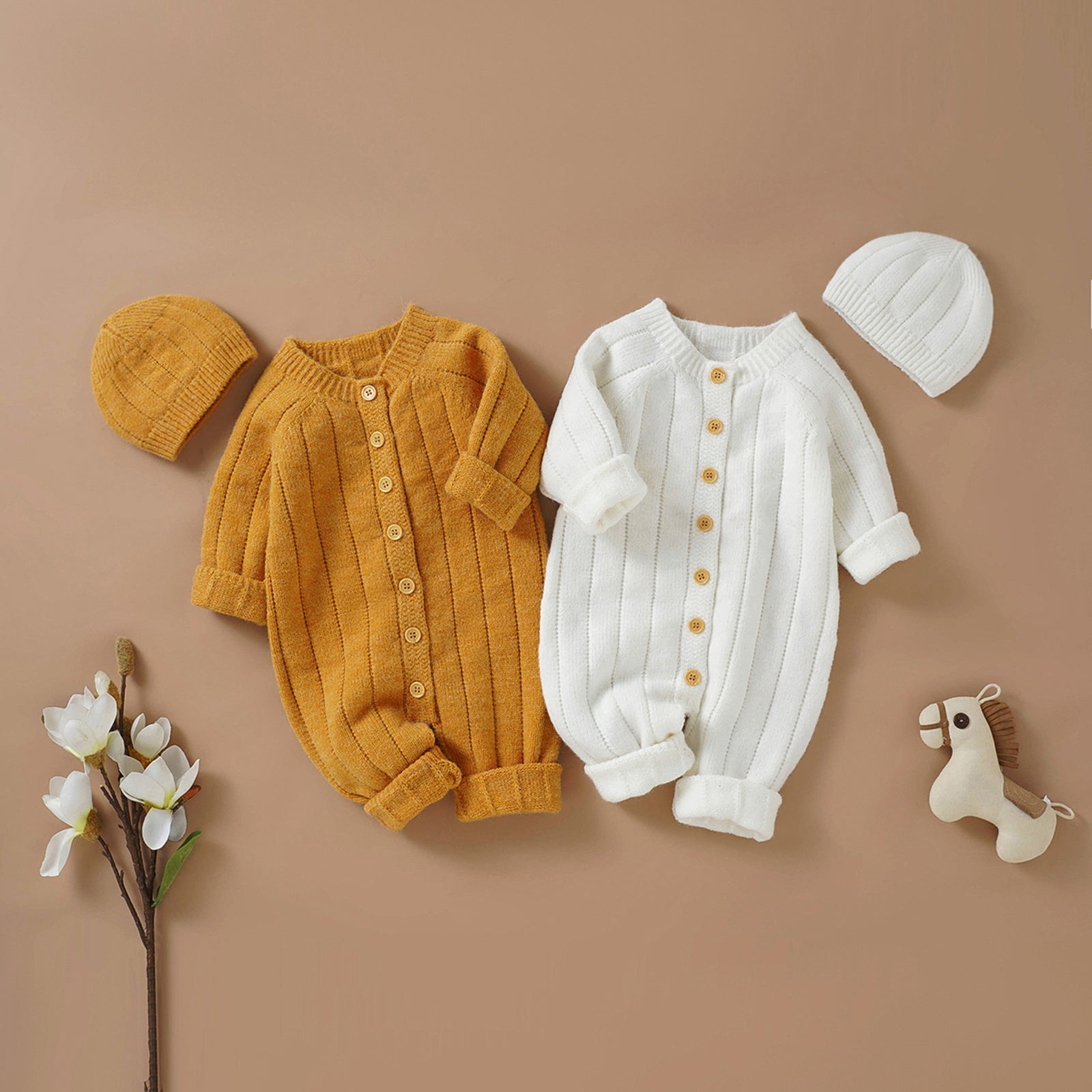 Knitted Baby Winter Romper and Cap Set, 0-18 Months