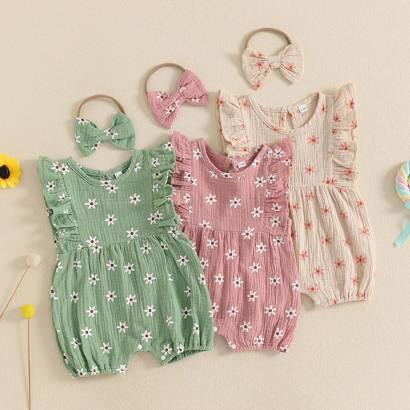 Baby Girl Floral Fly-Sleeve Romper Set | Summer Bowknot Outfit