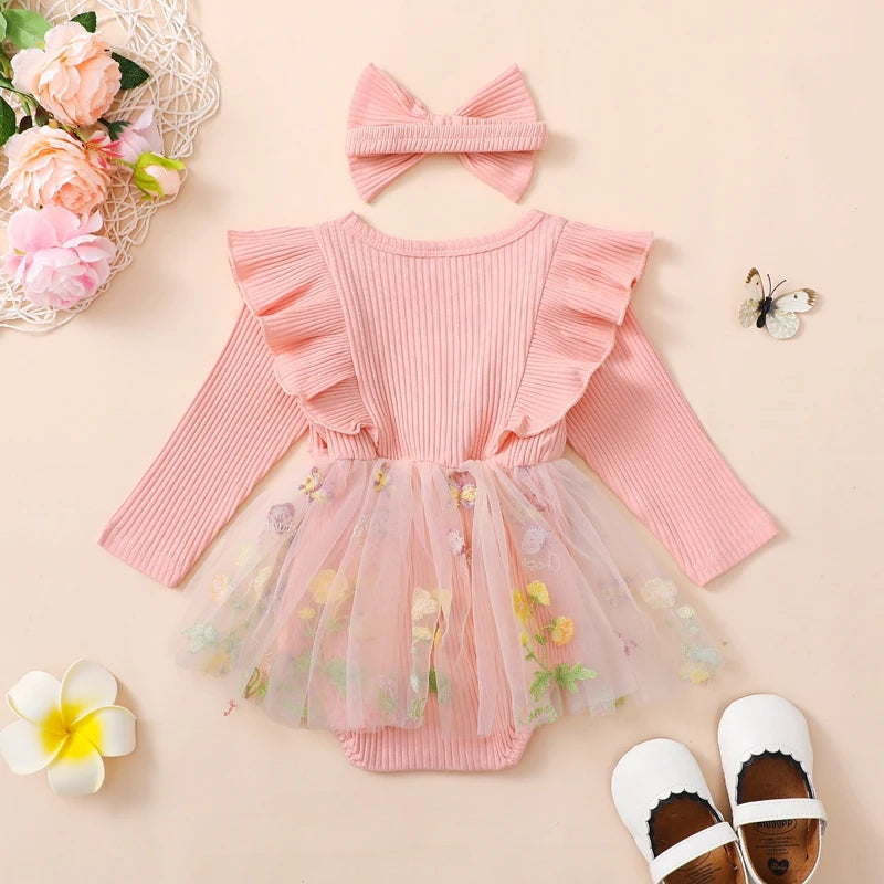 Baby Girl Floral Mesh Patchwork Ruffle Romper & Dress Set with Headband