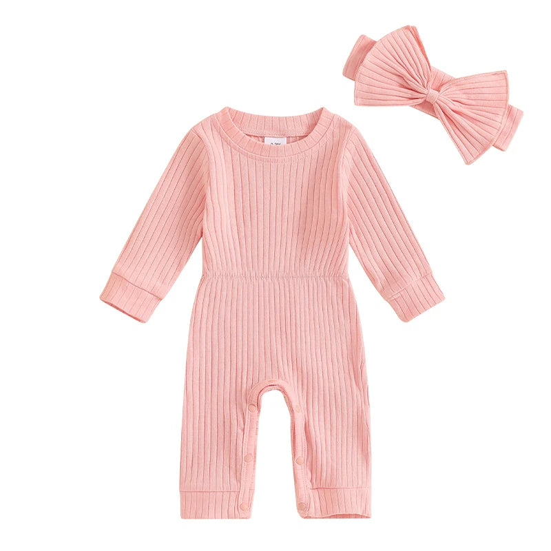 Baby Girls' Ribbed Jumpsuit and Headband Set, Fall