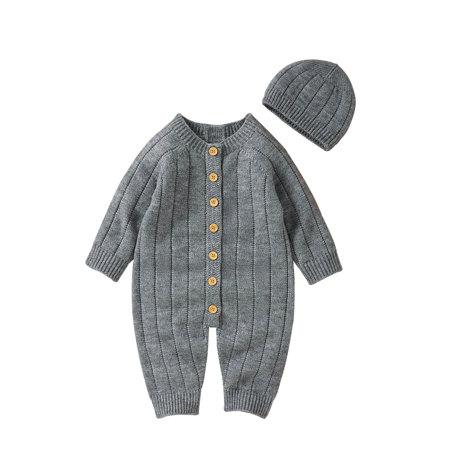 Knitted Baby Winter Romper and Cap Set, 0-18 Months