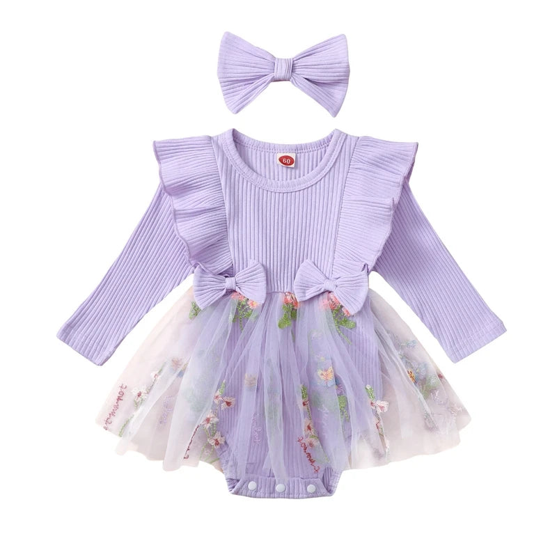 Baby Girl Floral Mesh Patchwork Ruffle Romper & Dress Set with Headband