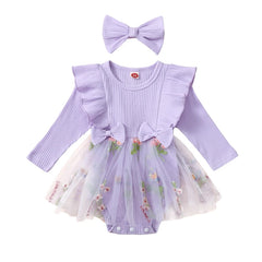 Baby Girl Floral Mesh Patchwork Ruffle Romper & Dress Set with Headband