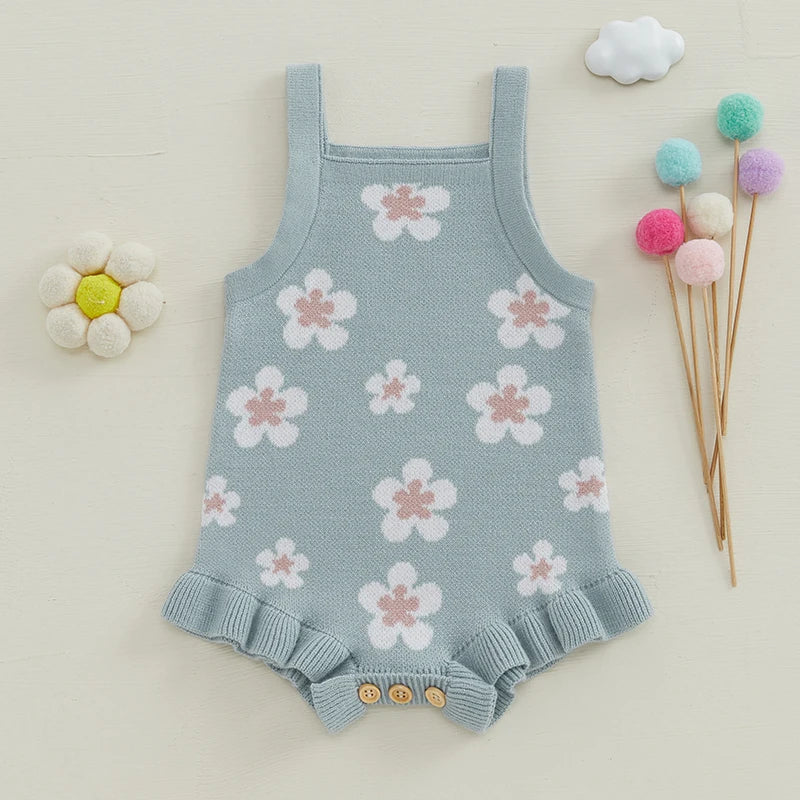 Baby Girls' Knitted Floral Bodysuit, Sleeveless Romper