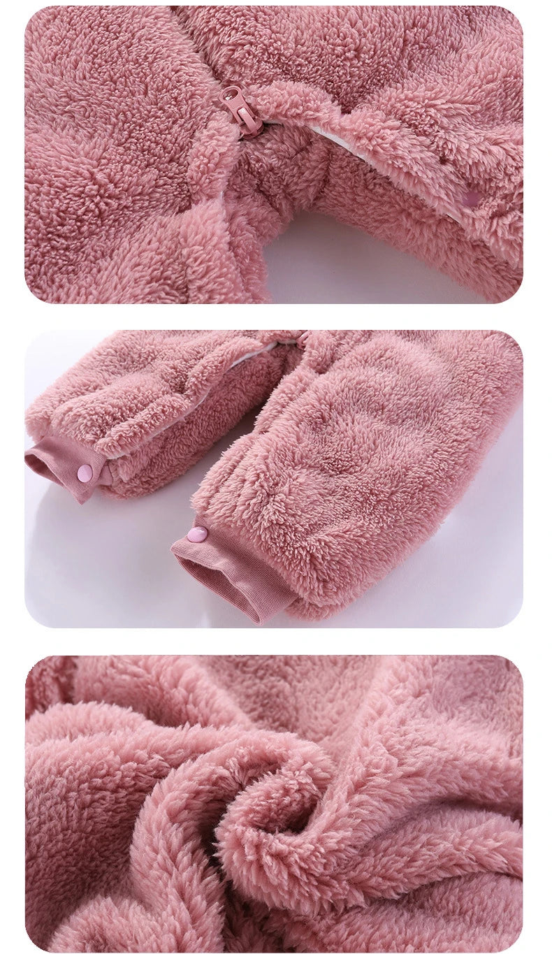 Plush Bear Hooded Baby Romper, Warm Fall Jumpsuit