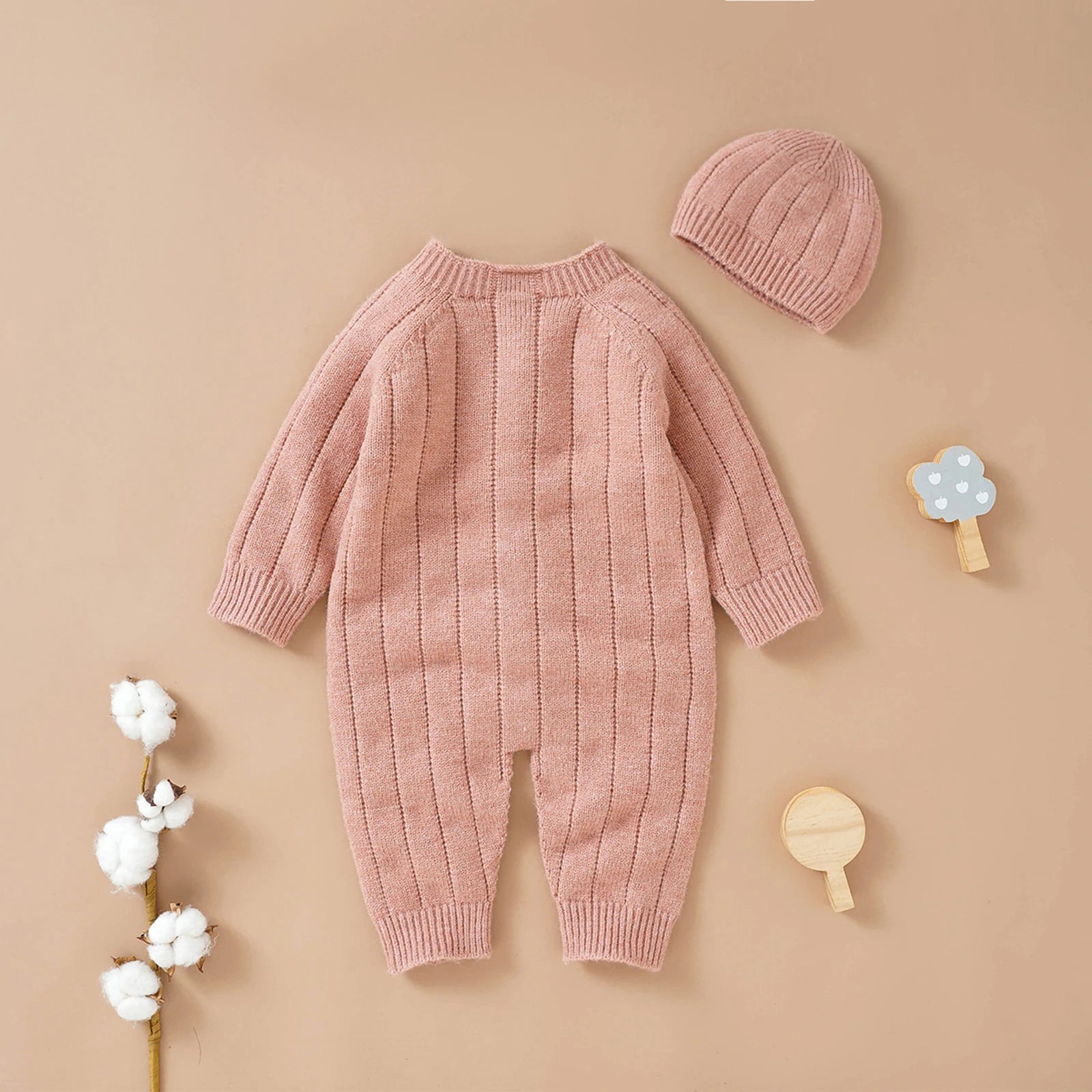 Knitted Baby Winter Romper and Cap Set, 0-18 Months