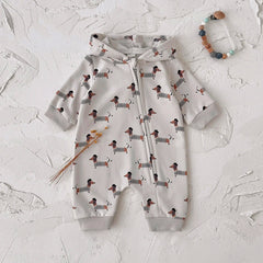 Baby Dachshund Print Hooded Jumpsuit, Fall Romper